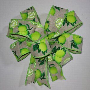 Handmade Wired Ribbon Bow - Limes on Natural Background 8"
